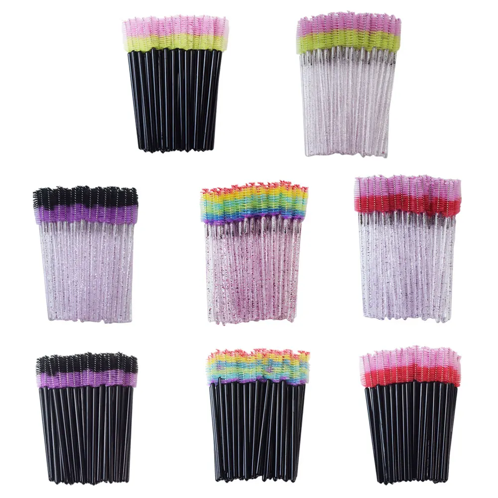 50pcs Disposable Mixed Color Eyelash Brushes Crystal Eye Lash Mascara Wands Glitter Lash Comb Spoolies Micro Makeup Applicators