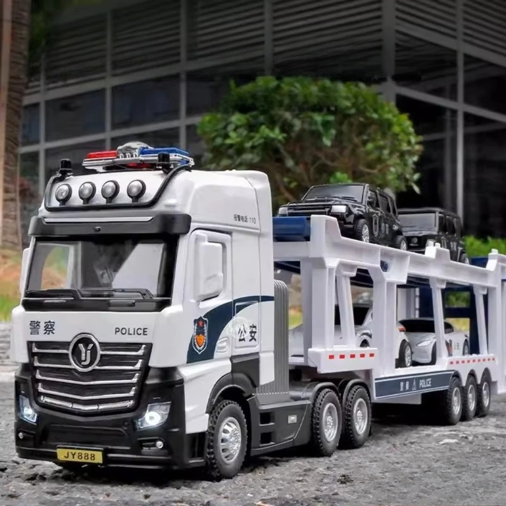 Scala 1:50 Rimorchio della polizia Trasporto Esteso Autocarro con cassone ribaltabile Modello Giocattolo Pressofuso in metallo Suono Luce Tirare indietro Modelli di veicoli Regali per hobby