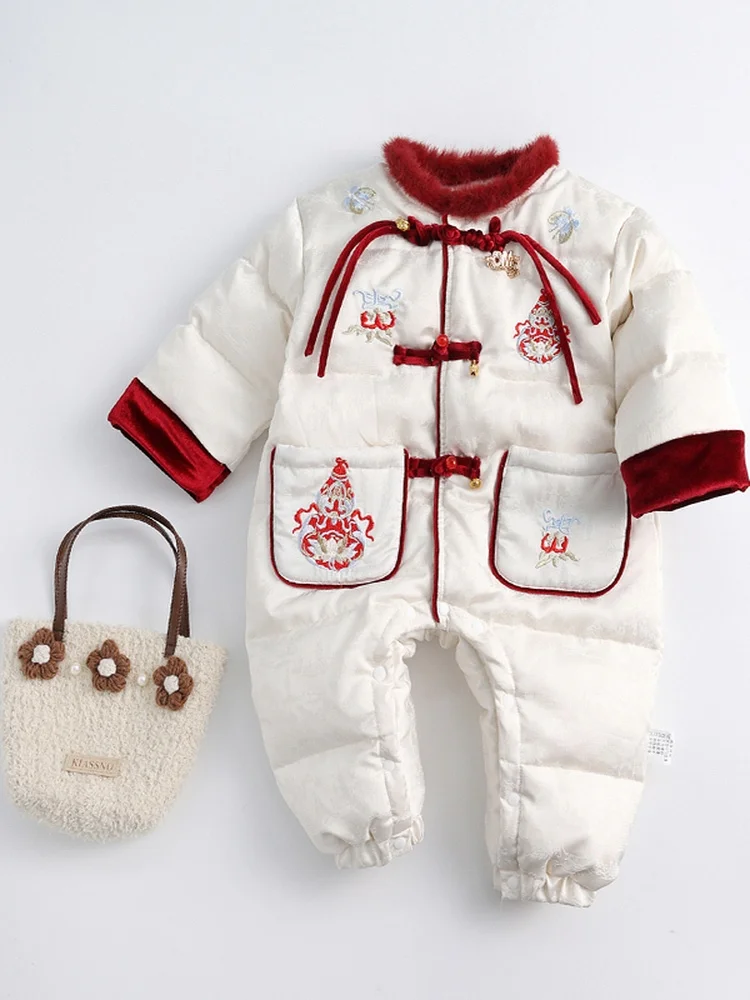 

Зимняя одежда для девочек: пуховый комбинезон, новогодний наряд в корейском стиле, приталенный, с длинными рукавами, с мультяшным принтом