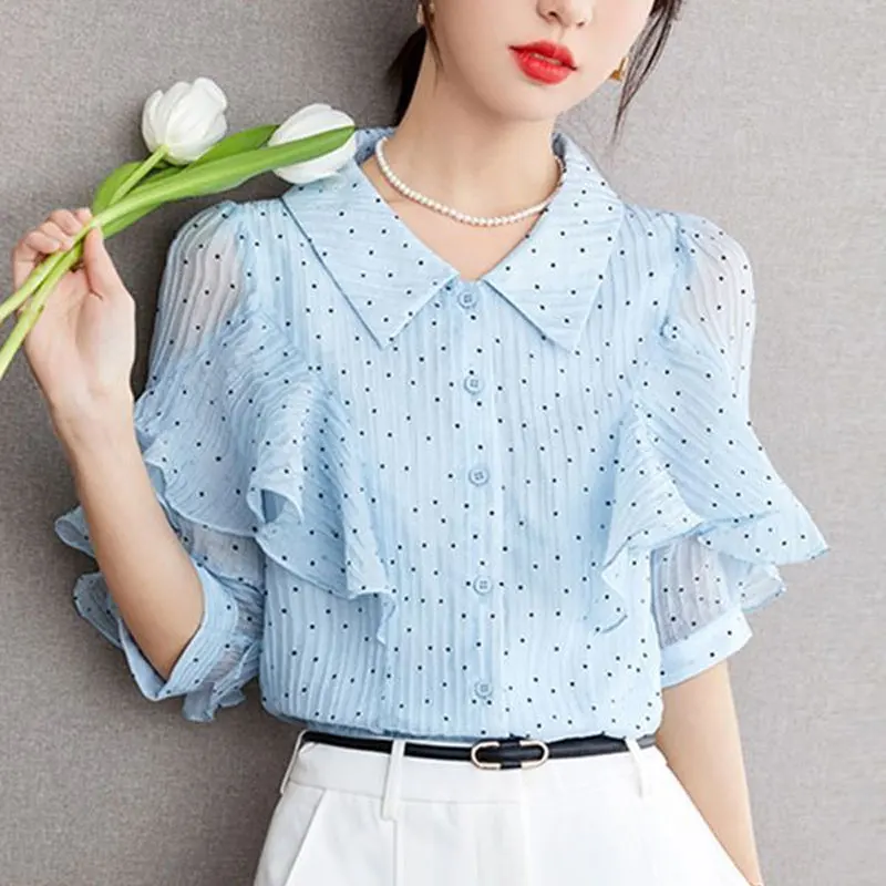 Office Lady Polka Dot Shirt Sweet Ruffles Spliced Women\'s Clothing Commute Single-breasted 2024 Summer Short Sleeve Lapel Blouse