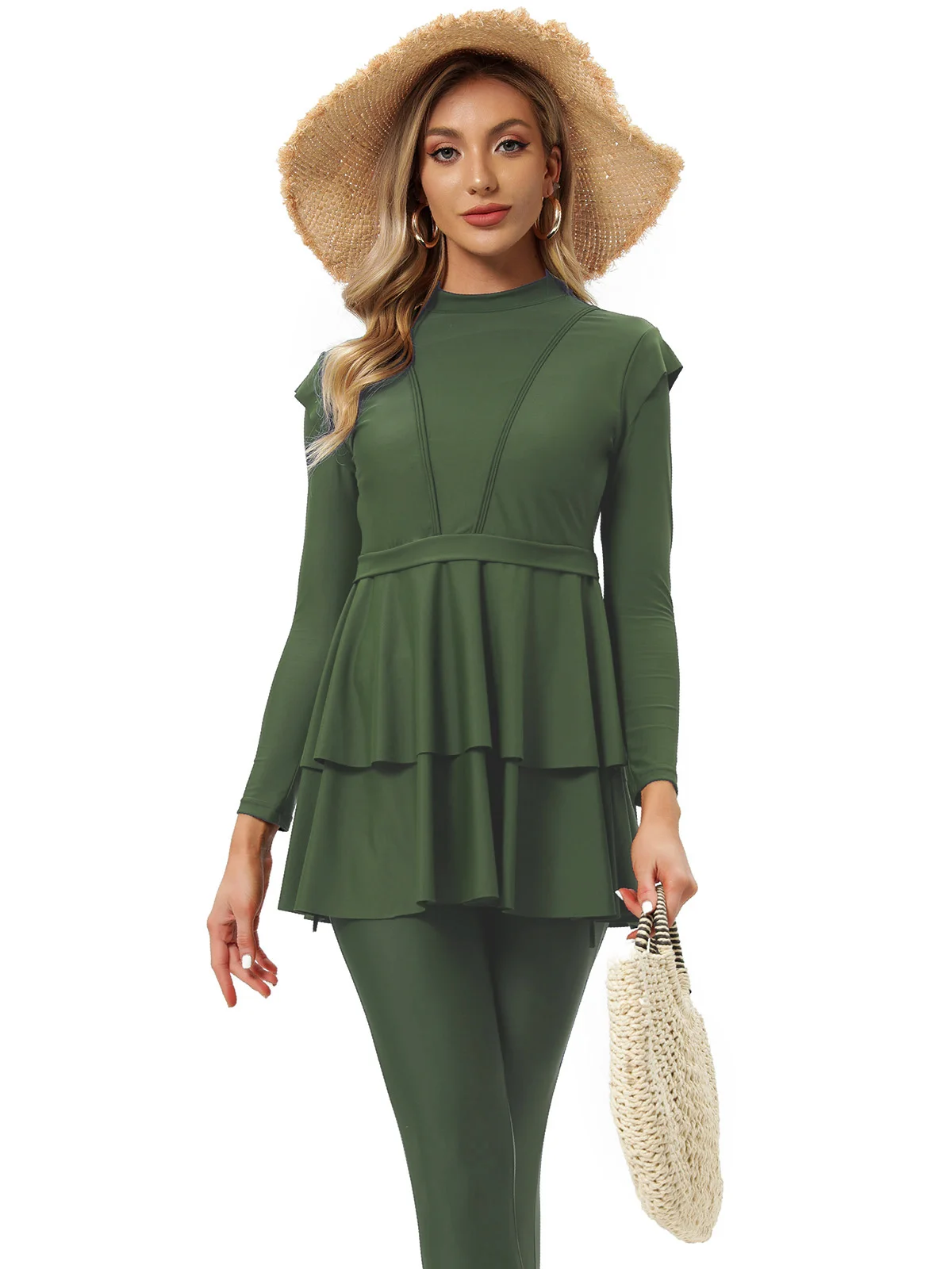 2026年新作-フリル付きムスリム水着-女性用ブルキニ-3点セット-長袖水着-イスラム教徒用水着-ブラパッド付き