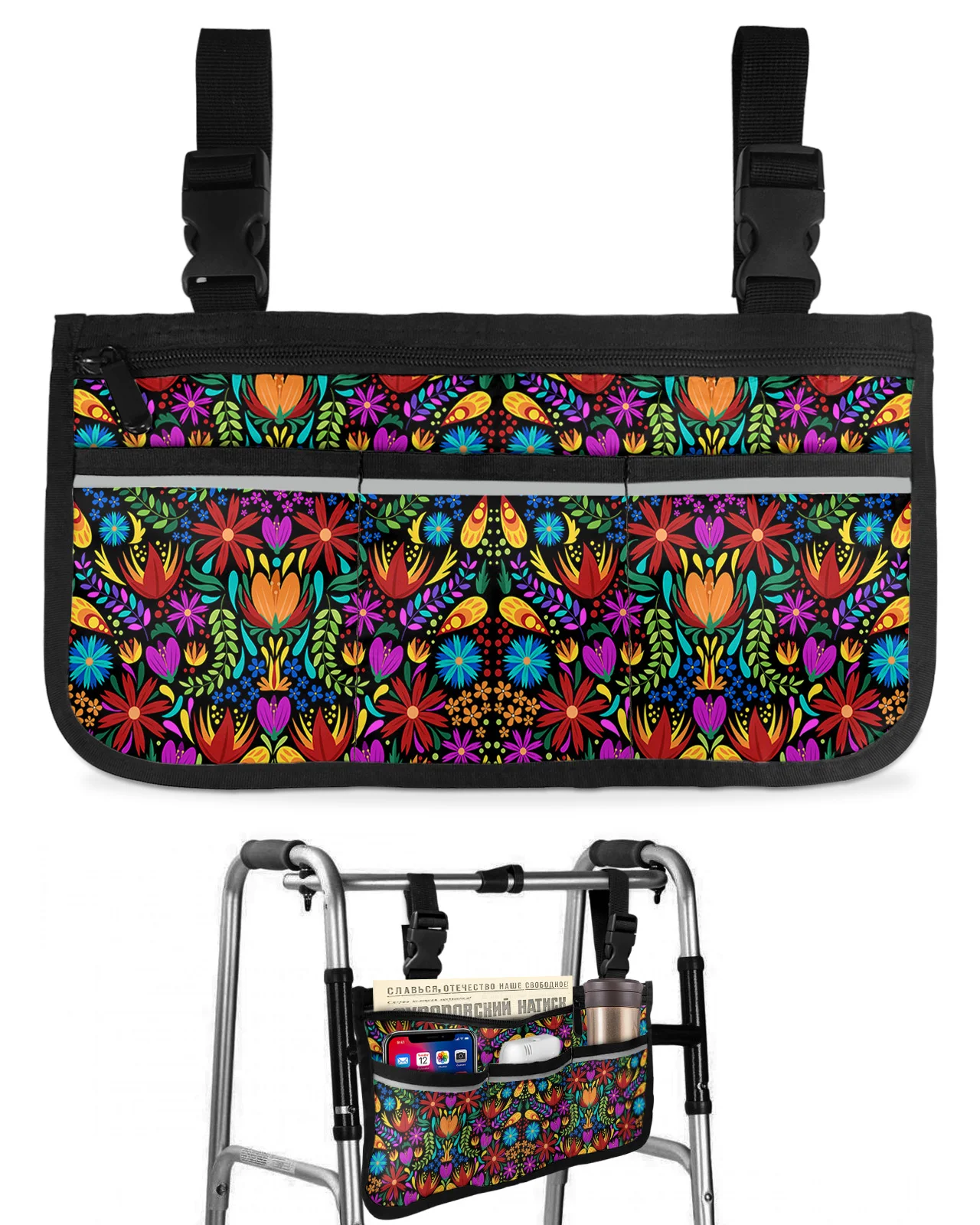 Colorful Mexico Abstract Flower Wheelchair Bag With Pockets Armrest Side Bags Electric Scooter Walking Frame Storage Pouch