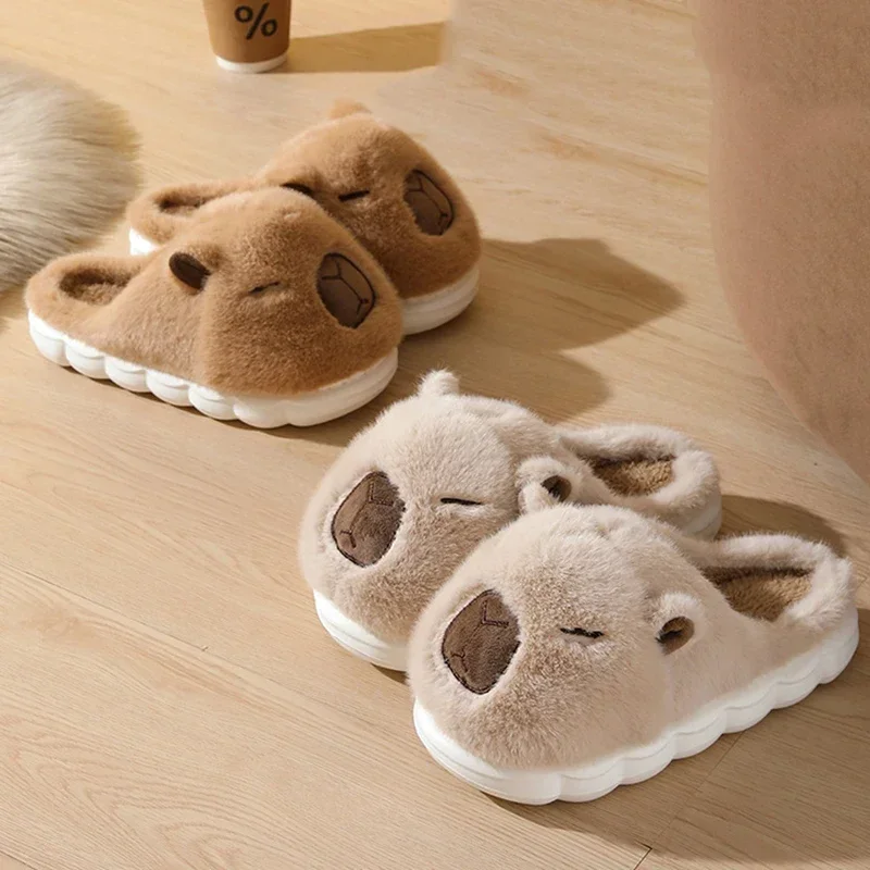 2025 Winter Couple's Soft Fur Capybara Slippers Warm Long Plush Chunky Platform Indoor Shoes Woman Non Slip Home Slippers Flats image 6