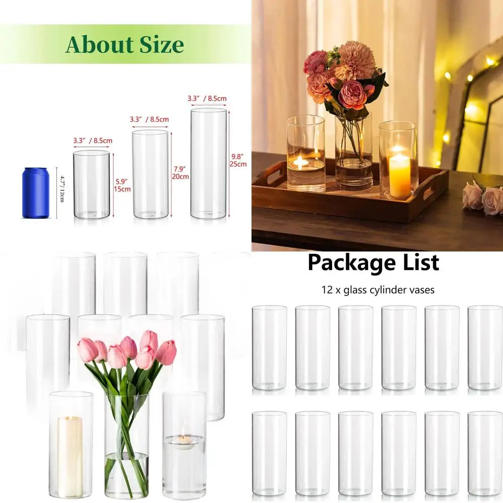 

Set of 12 Glass Cylinder Vases, 7.9in Tall, Ideal for Pillar or Floating Candles, Wedding and Event Centerpieces