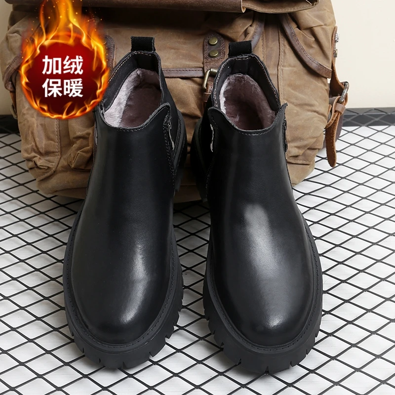

Autumn Winter New Black Retro Thick Soled Men Mid Top Boots Cotton Lining for Warmth Side Zipper Youth Fashion Boots