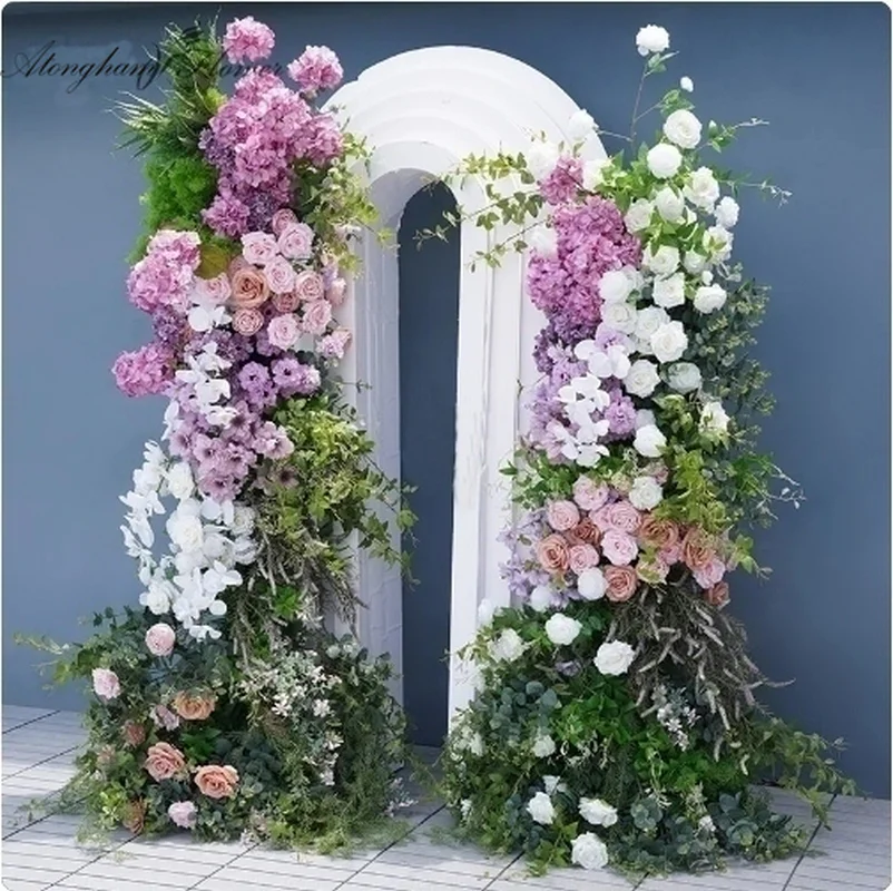 

White Rose Purple Hydrangea With Green Plants Flower Runner Wedding Backdrop KT Board Arch Decor Table Floral Arrangement