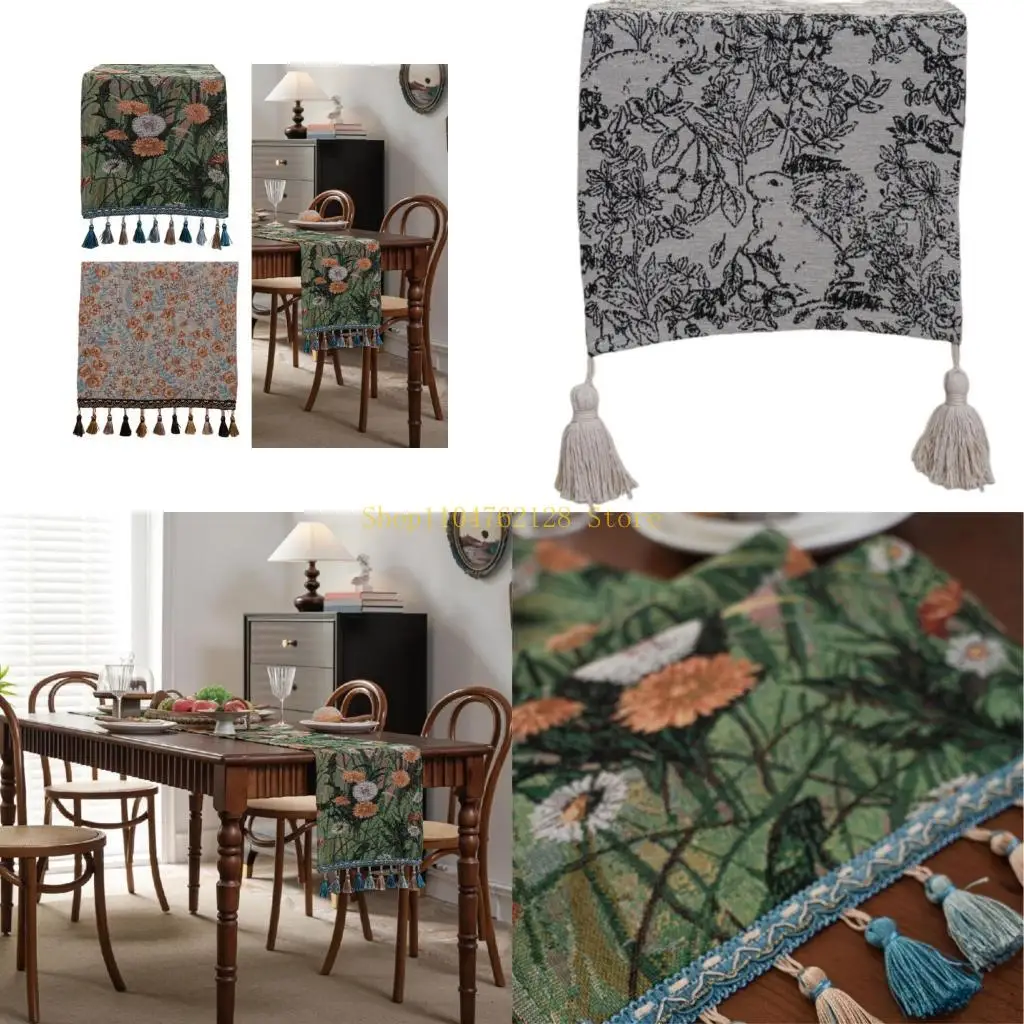 

Vintaged Farmhouse Table Runner Tablecloth with Handmade Tassels Long Table Cloth best sale