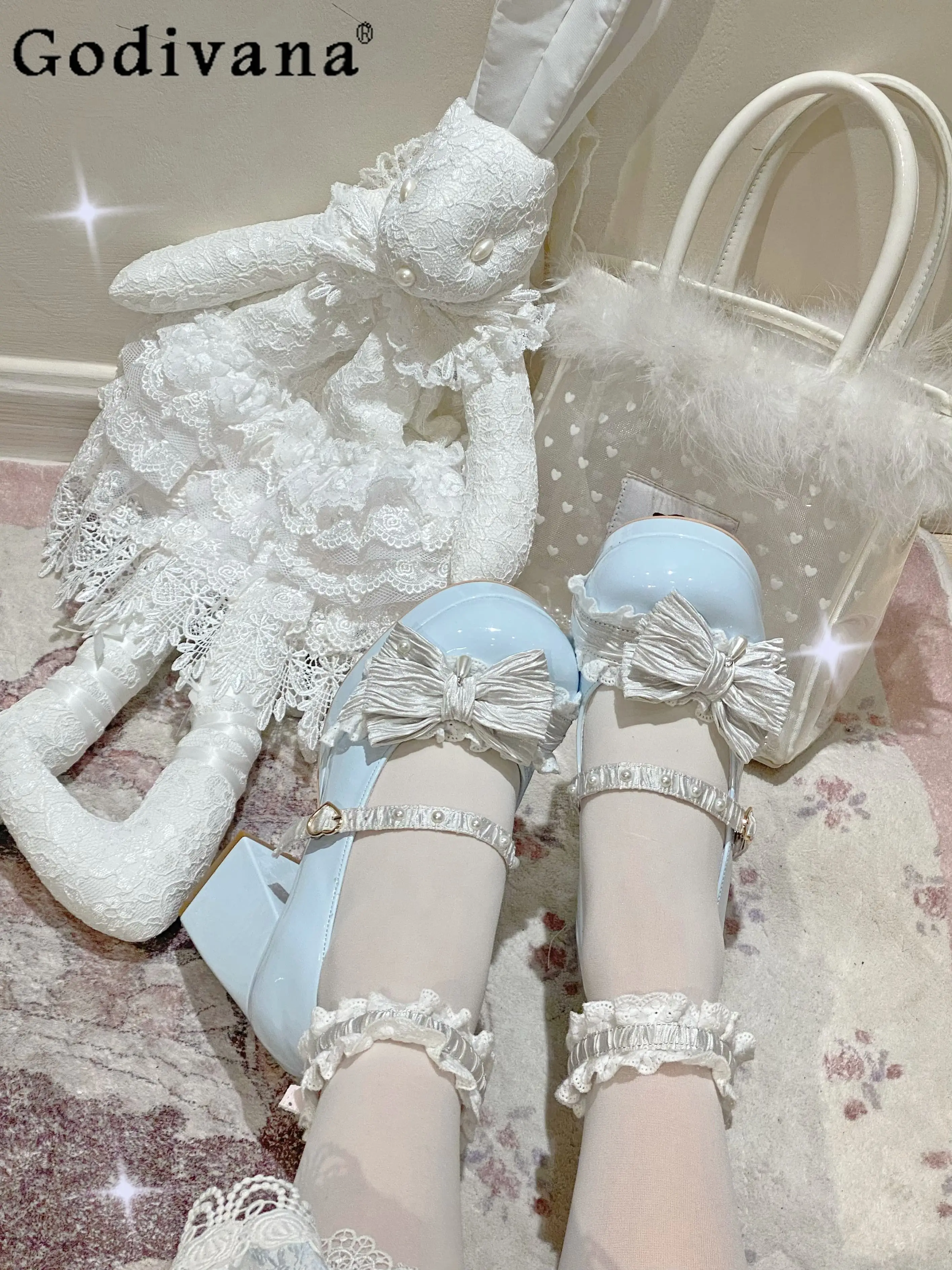 

Sweet Girl Japanese Original Lolita High Heels Lace Bow Round Head Platform Jk Uniform Doll Versatile Single Shoes