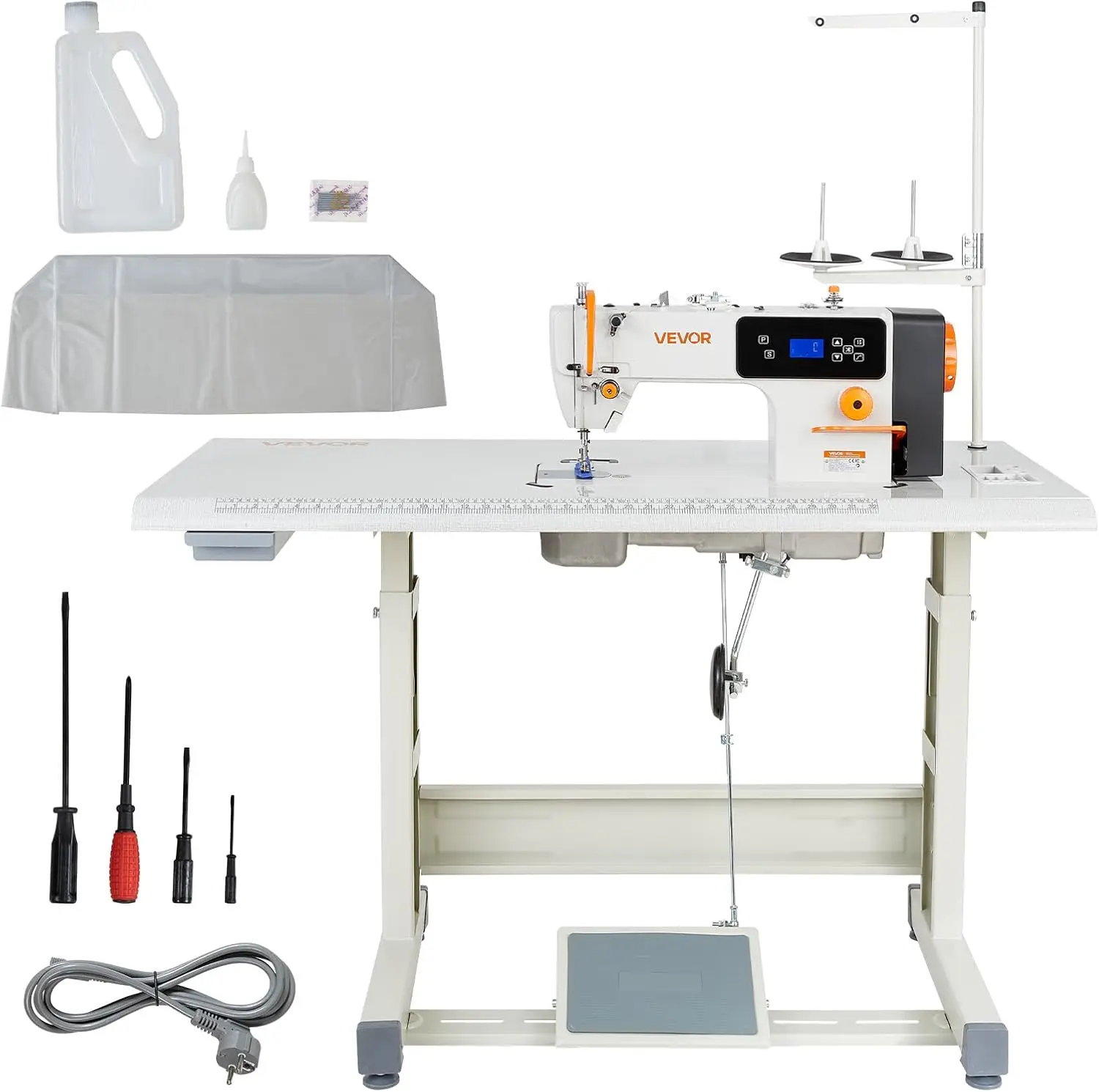 Industrial Lockstitch Sewing Machine, 550W Commercial Set with Servo Motor & Table Stand, 5000 SPM High Speed, Metal Frame, LCD
