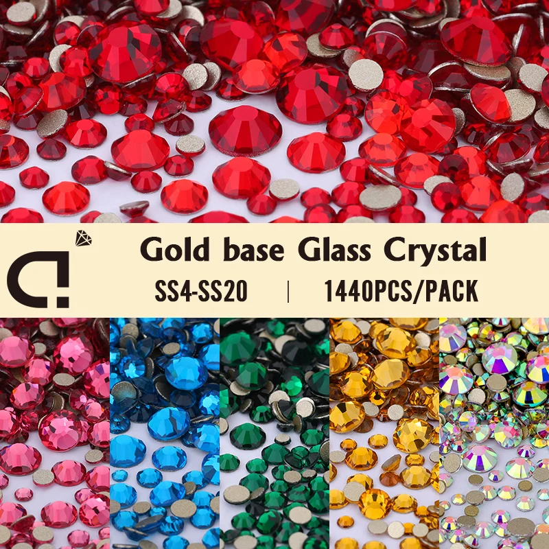 1440pcs/pack Crystal Non-Hotfix SS4-SS20 Mix Size Gold FlatBack Rhinestones  Decorations DIY Glitter Stones 3D Nail Art