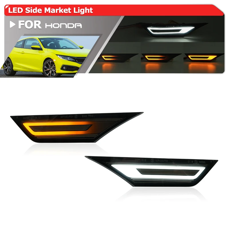 Smoked Switchback Porsche-Style LED Sequential Side Marker White DRL Parking Light For Honda Civic 10th 2016-2021 FC FK Type R