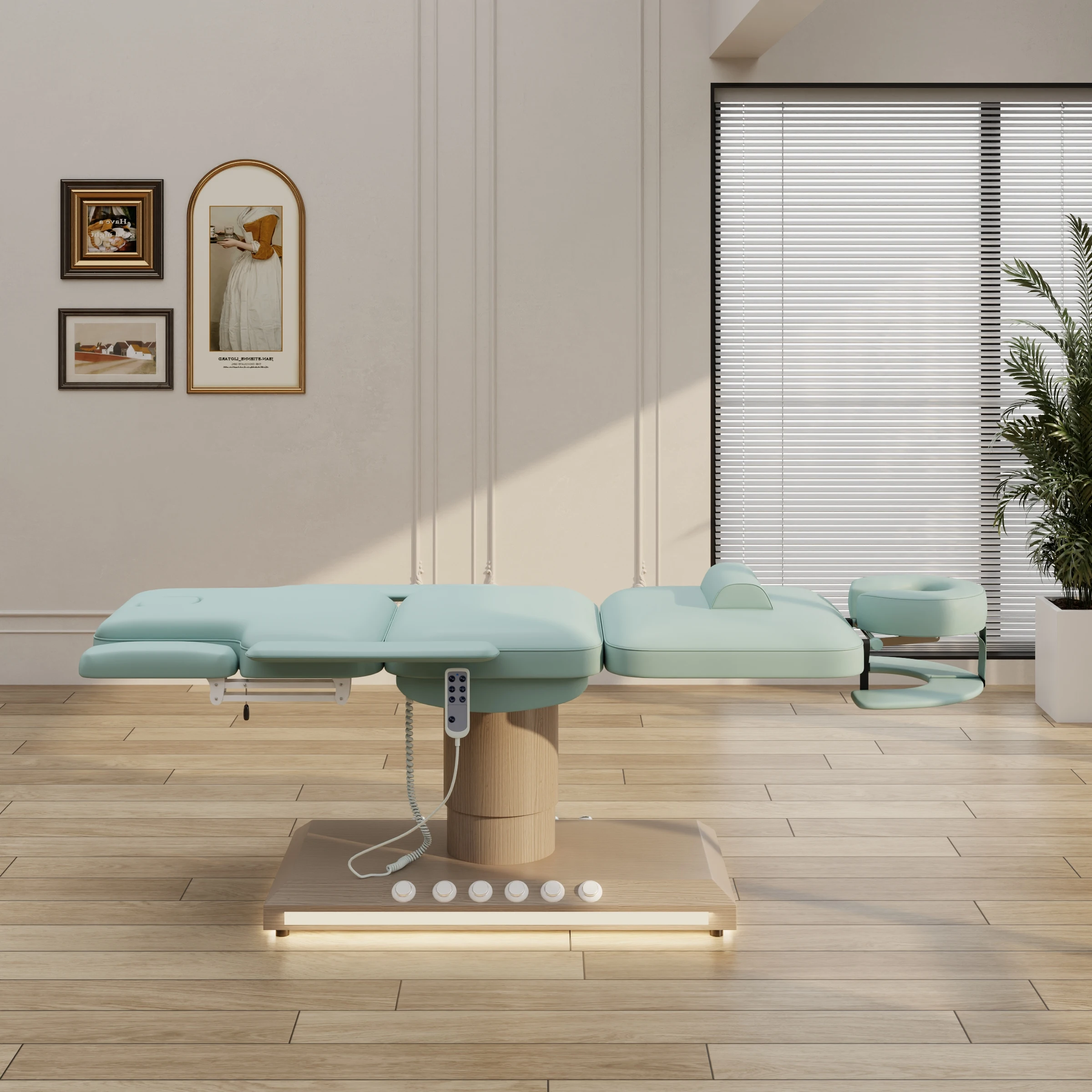Cama de belleza eléctrica de 3 motores, color verde claro, acero inoxidable más nuevo con mesas y camas de masaje con Control de pies, belleza sa lon