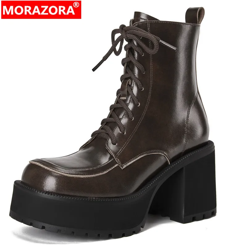 

MORAZORA 2024 New Round Toe Genuine Leather Boots For Women Thick High Heels Ankle Boots Narrow Band Platform Winter Boots