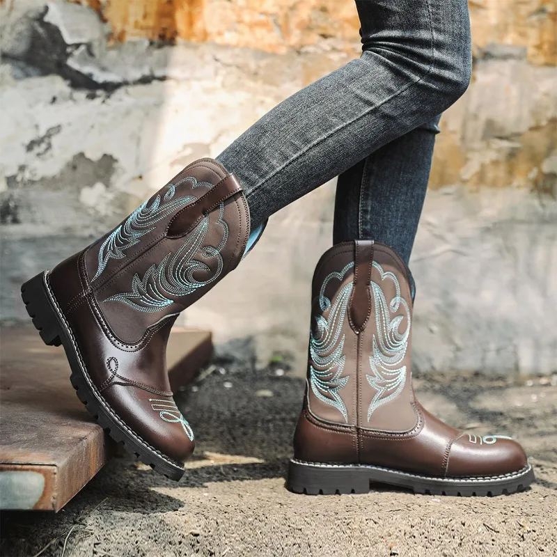 Men Boots Embroidered Cowboy Boots Platform Slip-on Leather Boots Comfortable Outdoor Shoes Retro Round Toe Women Mid-calf Boot