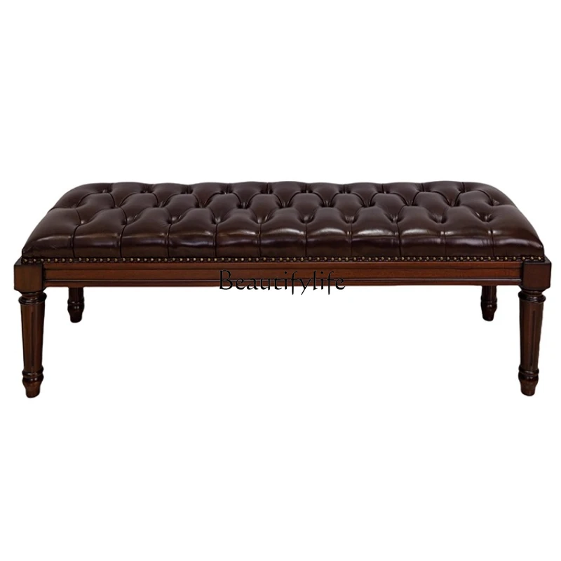 

American Style Solid Wood Bed End Stool Bedroom Cowhide Genuine Leather Soft Cushion Long Bench