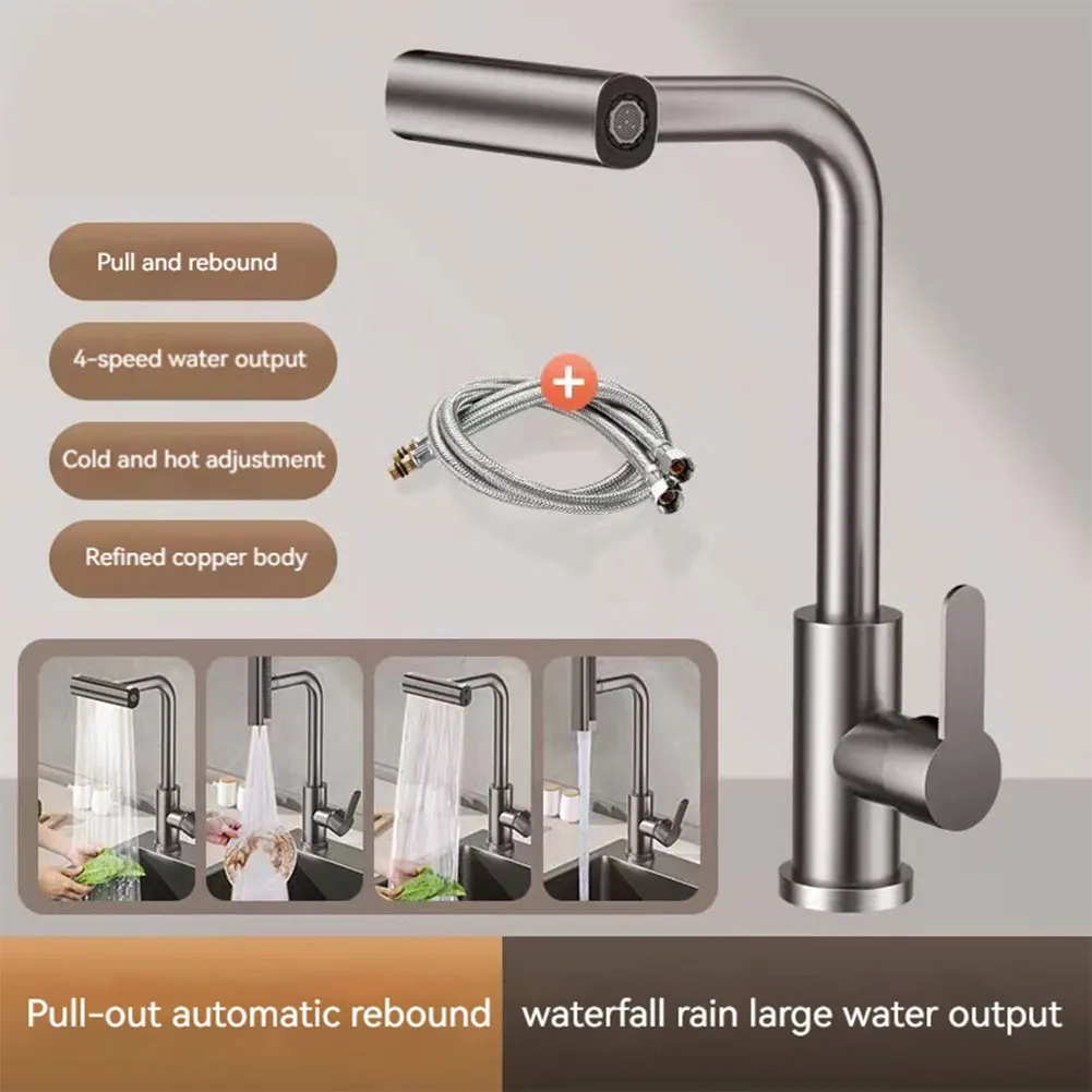 Stainless Steel Kitchen Faucet W/ 4 Water Flow Modes Kitchen Sink Mixer Tap Retractable Pull-Out Kitchen Faucet for Kitchen Sink