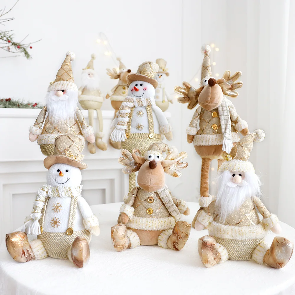 

Nordic Style Gold Christmas Decorative Telescopic Dolls Reindeer Snowman Santa Claus Standing Doll New Year Ornament