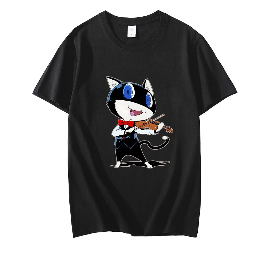 Persona 5 Morgana Mysterious Black Cat T-shirts Women/men Play The Violin Tshirts 100% Cotton T Shirts Gentleman Sense of Design