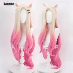 LOL KDA Baddest Ahri Cosplay Wig with Ears Heat Resistant Synthetic Hair Blonde Mixed Pink Wigs + Wig Cap