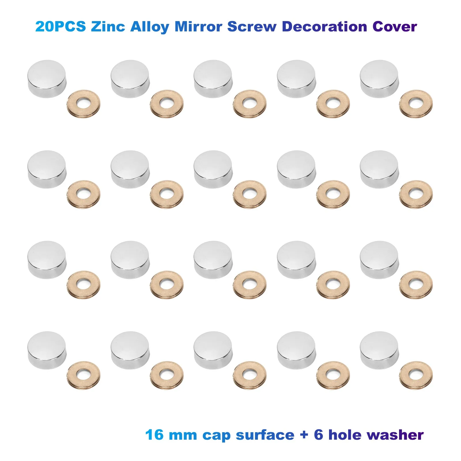 

20PCS Zinc Alloy Mirror Screw Decoration Cover(16 mm cap surface + 6 hole washer) For Glass Decoration,Household Furniture