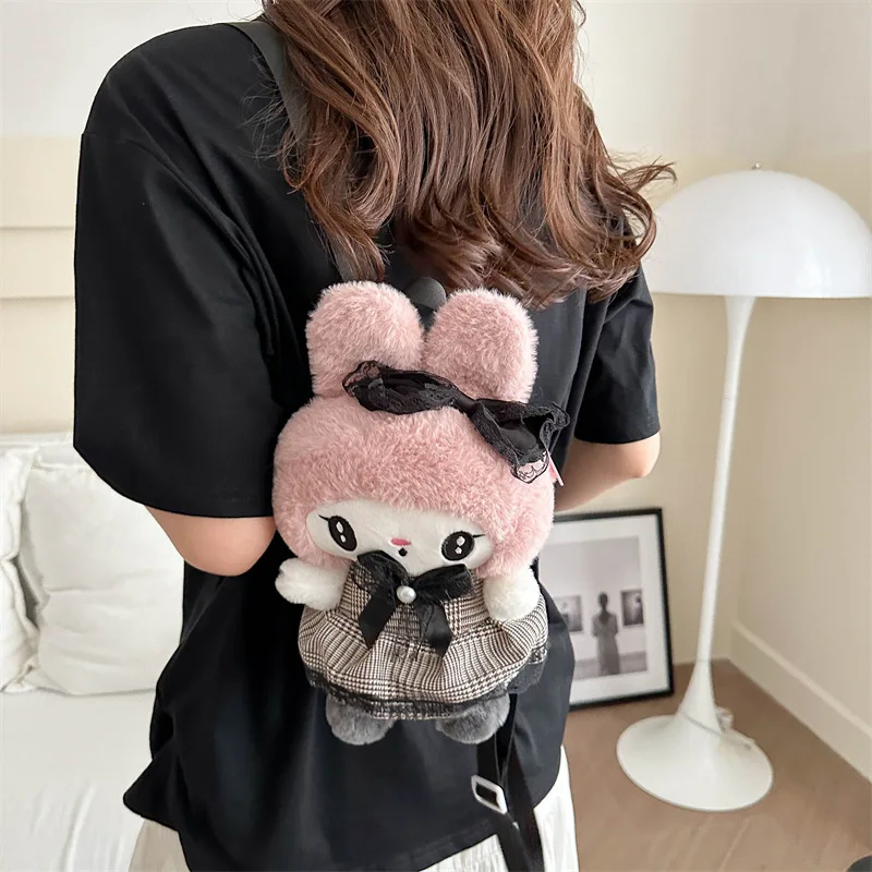 Sanrio Melody Kuromi bolsos peludos de Anime de dibujos animados, mochilas escolares encantadoras, juguetes de muñecas de animales de peluche,