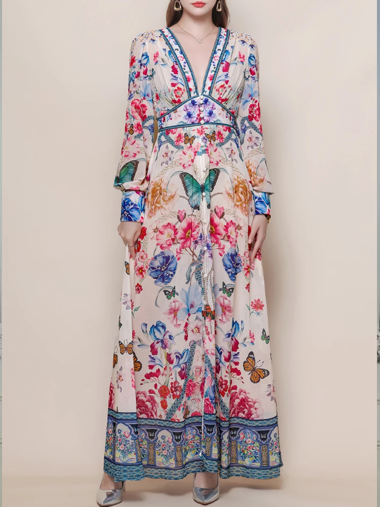 

Элегантное платье с V-образным вырезом, принтом и длинными рукавами-фонариками, приталенное, с пышной юбкой, новая модная женская весенняя одежда 2026 года