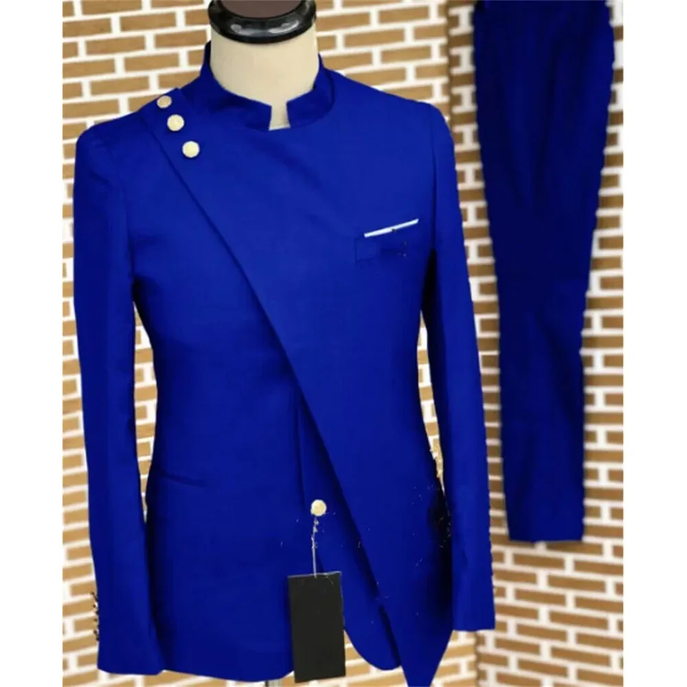 Elegant Men\'s Suits Royal Blue Single Breasted Stand Lapel Regular Length African New Design Formal 2 Piece Jacket Pants Set