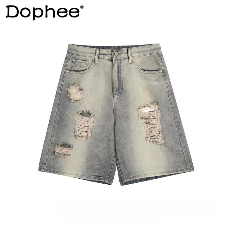 

Fashion Hole Design Denim Shorts Men's 2026 Summer Trendy Shorts Male Unique Loose Wide-leg Comfort Versatile Five-point Pants