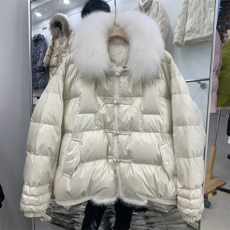 2022 Women Autumn Winter Loose Padded Solid Color Jacket Short Stand Fur Collar Vintage Chinese Buckle White Duck Down Coat