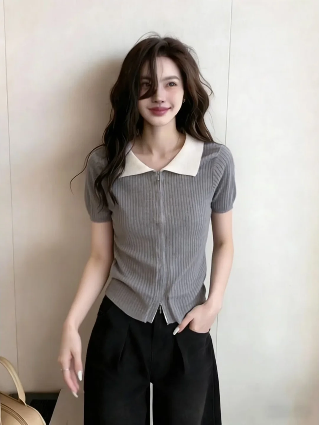 

Fashionable Short Sleeve Knitted Open Cardigan Women's Shirt Contrast Color Collar Double Zipper Standard Fit Spring Summer