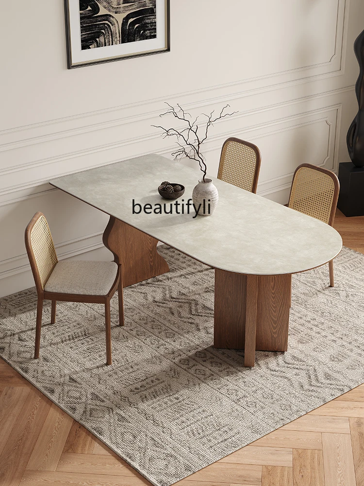 

Light French Style Solid Wood Dining Table Home Modern Minimalist Designer Chinese Style Matte Stone Plate Semi-Oval