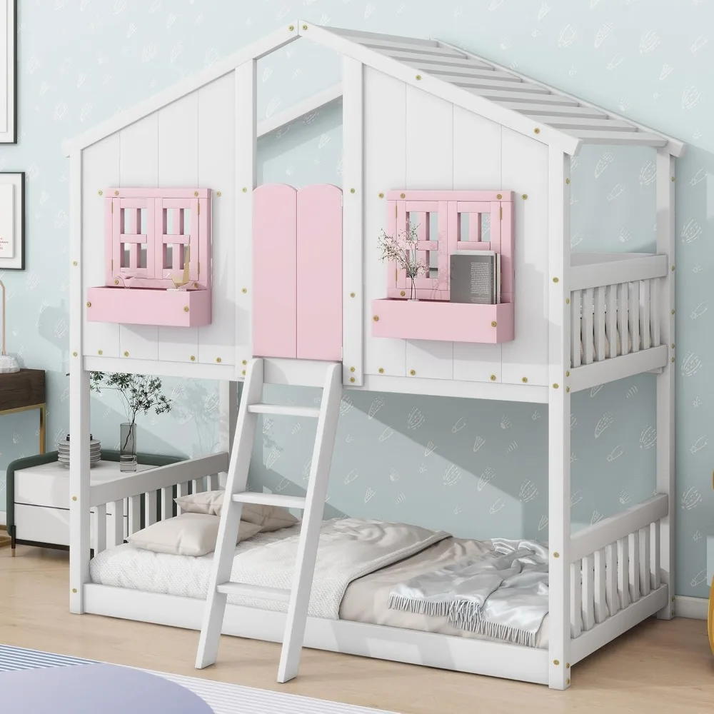 Twin Over Twin House Bunk Bed with Windows,Doors and Boxs, Wood House Roof Floor Bunk Bed Framewith Safety Guardrails and Ladder