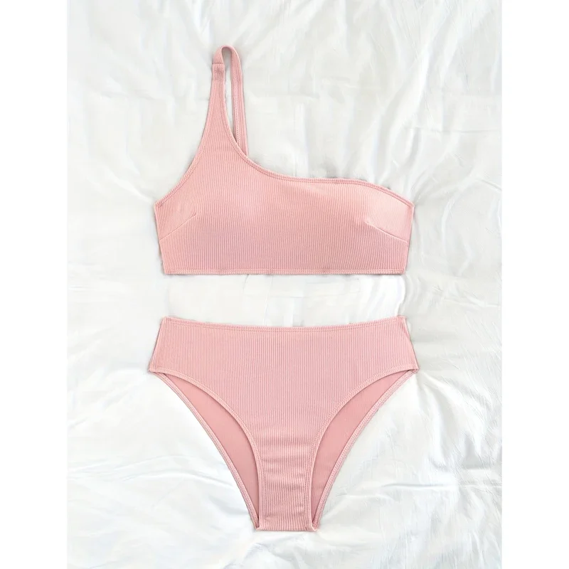 Bikinis acanalados de cintura alta, traje de baño Push Up para mujer, conjunto de Bikini de un hombro, traje de baño de dos piezas, trajes de baño rosas, ropa de playa para mujer