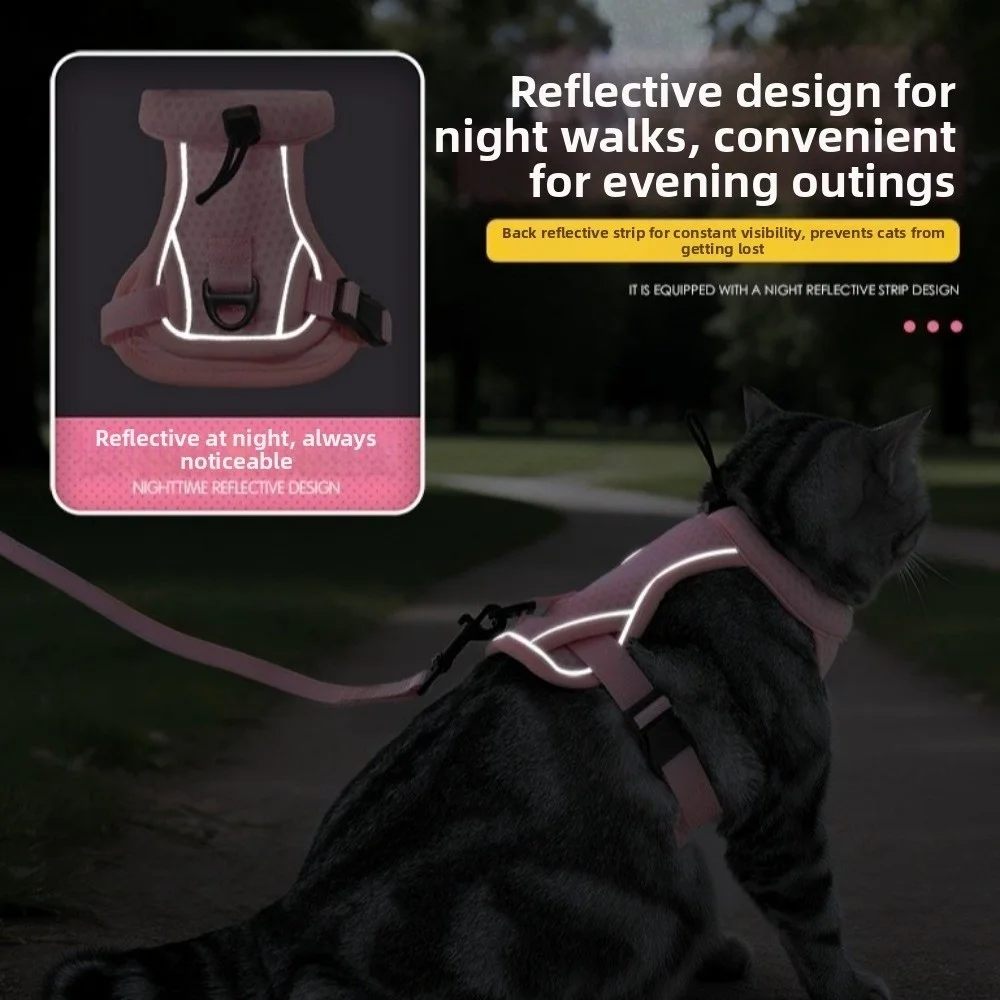 

Reflective Design Cat Harness Vest Escape Proof Adjustable Vest Pet Walking Harness Comfortable Breathable Cat Traction Rope