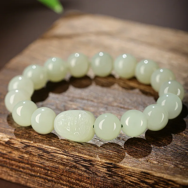 Natural Hetian Jade Bracelet Women, Featuring Zodiac Sign Of Snake And Of The Bodhisattva Samantabhadra, A