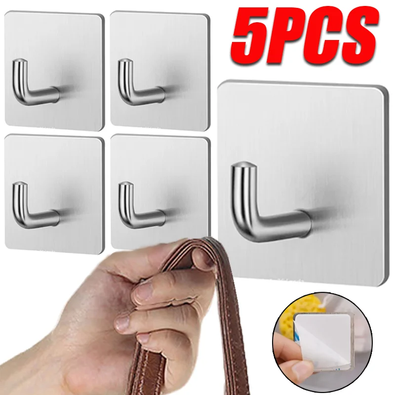 

5pcs Elephant Nose Hook Strong Load Bearing Adhesive Hook Kitchen Wall Hook 304 Stainless Steel Perforated Hanging Bathroom Part