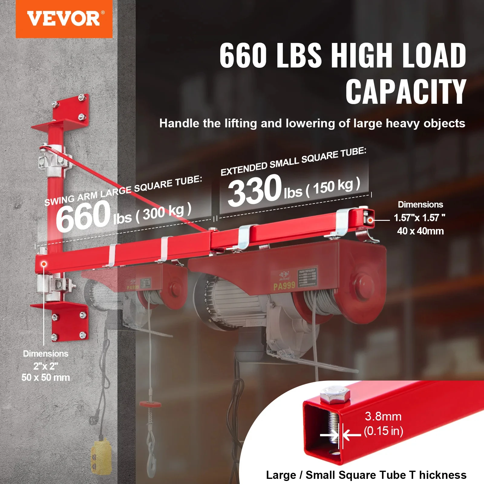 VEVOR Electric Hoist Support Arm Swing Holder with Pole Steel Hoist Frame 180° Scaffold Winch Lifting Arm for Workshop Garage