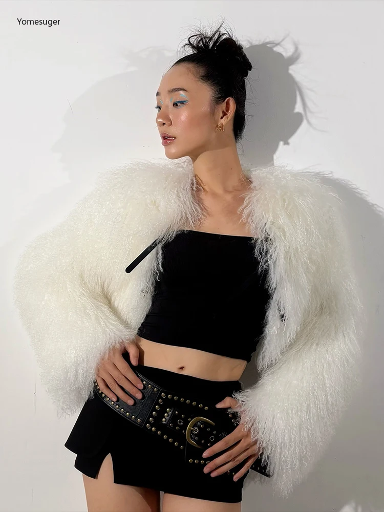 Yomesugar الشتاء مثير فروي سترة المرأة أنيقة حزام مشبك معطف سميك فاخر دافئ مفتوح طوق المحاصيل معاطف الحفلات كلوبوير #2