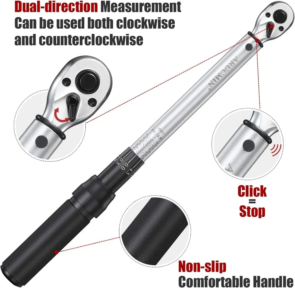 3/8-Inch Drive Click Torque Wrench Set, 10-100 ft-lb / 15-135 Nm, Dual-Direction Adjustable for Precision Work