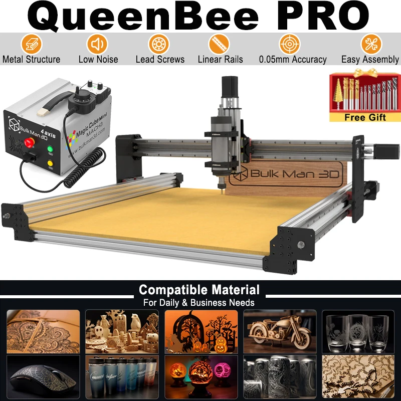 BulkMan3D QueenBee PRO CNC Router Machine With Mach3 Control Box 4-Axis Engraver For Milling Carving Cutting Acrylic Metal MDF