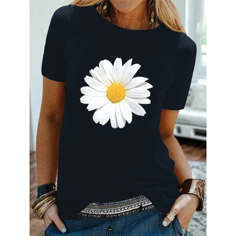 Cotton  100% Women's Round-neck Daisy Print Short-sleeved T-shirt for Women Harajuku  Aesthetic Clothes  Graphic T Shirts  Tops