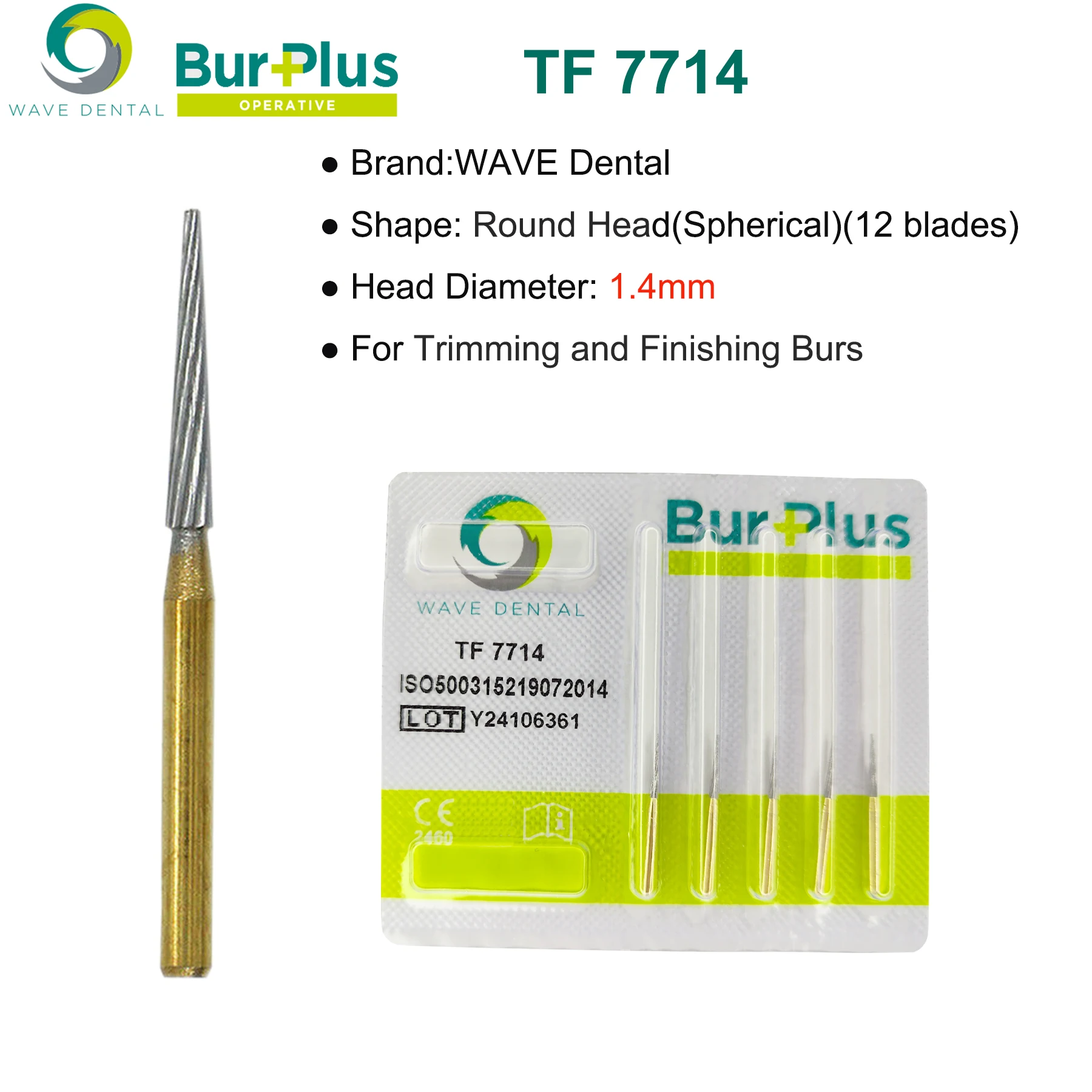 WAVE Dental Tungsten Carbide Burs 12 Bladed Trimming and Finishing Bur Gold Plated TF Dental Drill For High Speed Dentistry Tool