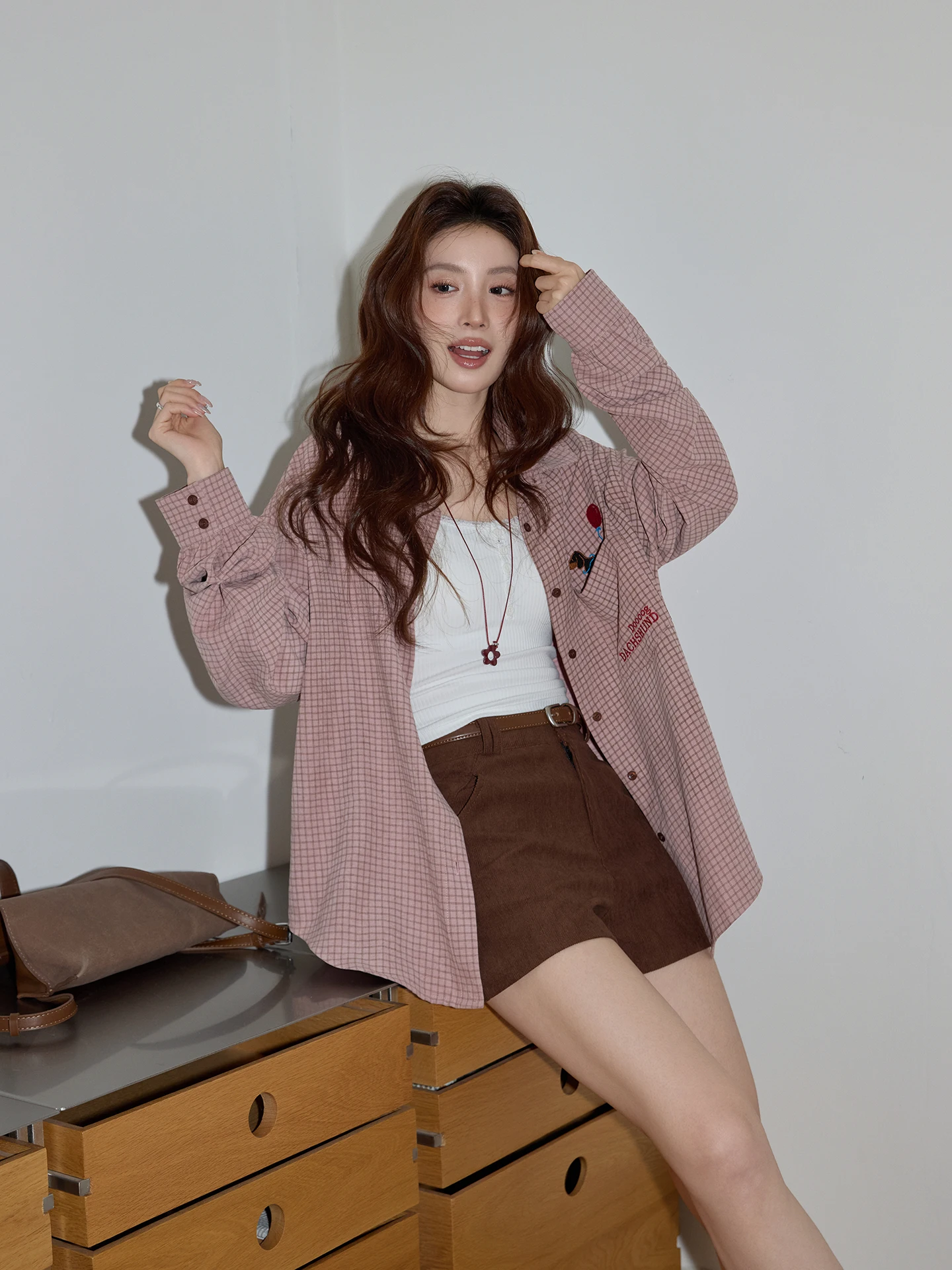 

Pink Plaid Long Sve irt Embroidered Collar Lazy Casual Sle Women's Spring Faion Commute Korean Loose Fit irt
