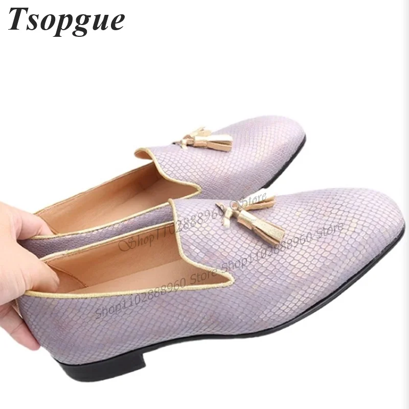 Light Purple Snake Skin Short Fringe Men's Pumps Shoes For Men Slip-On Runway Casual Party Shoes 2023 Fashion Zapatillas Mujer