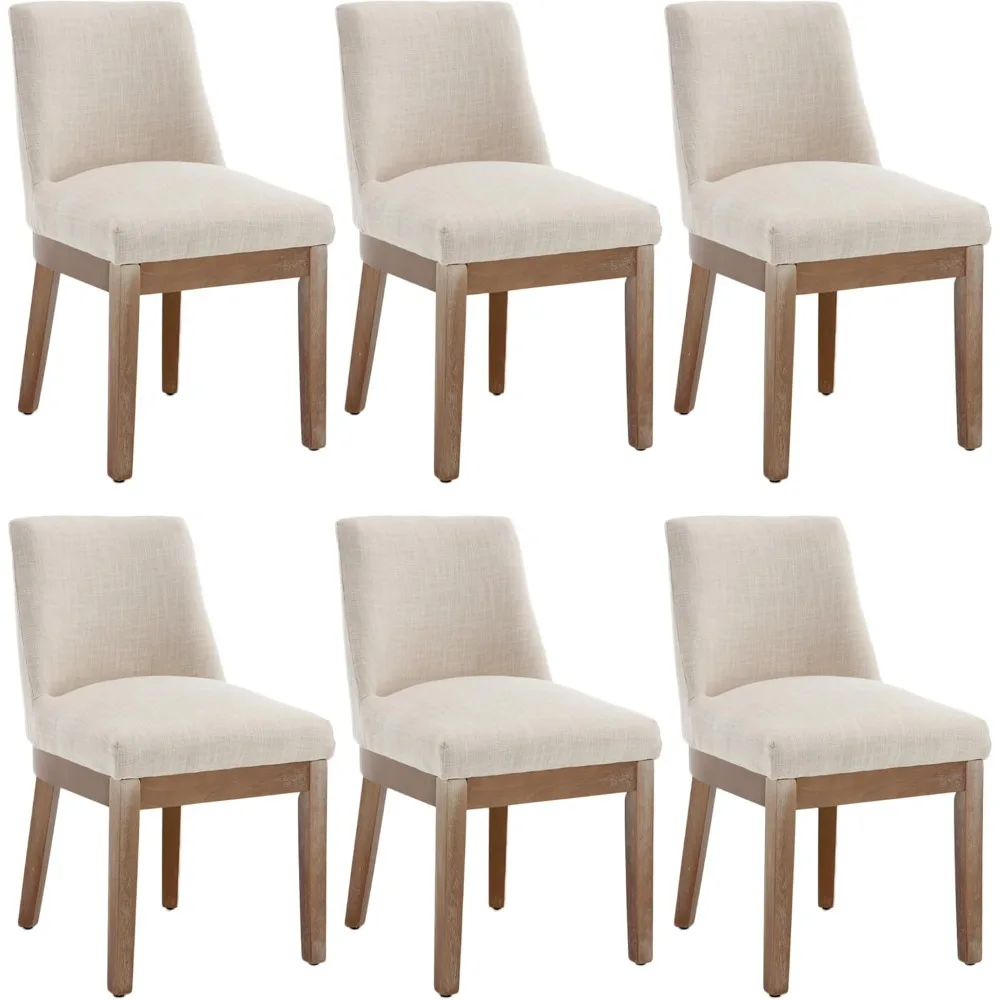 Modern Dining Chairs with Wood Legs & Back Set of 6 Linen Fabric Upholstered Dining Room Chairs Kitchen Side Chairs