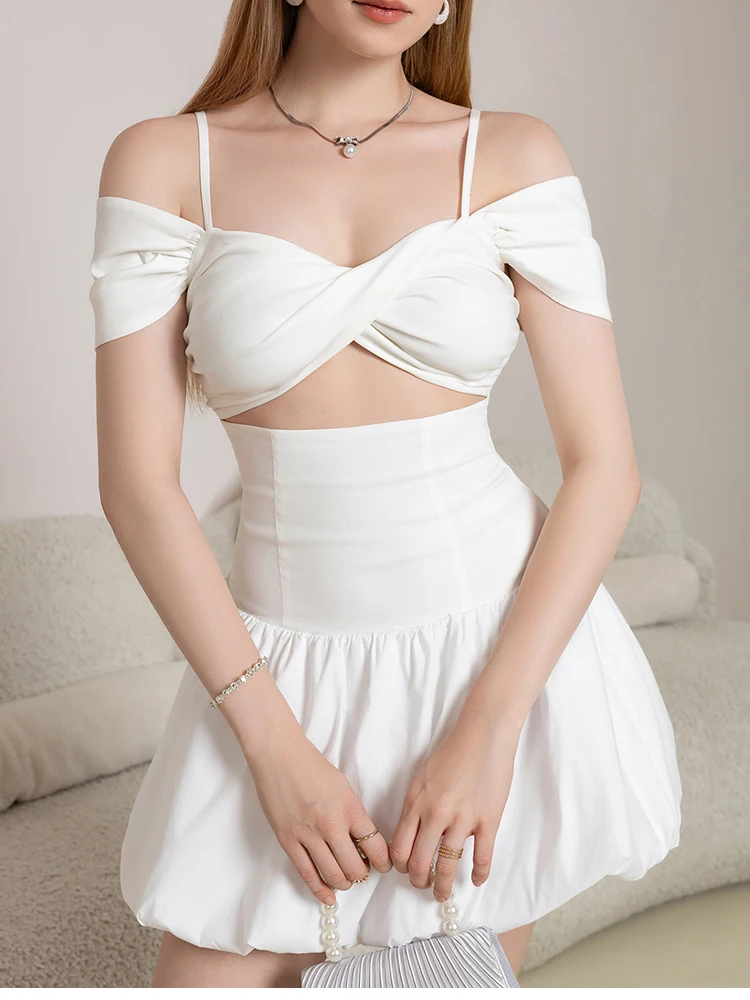 NewAsia ホワイト バレエ スタイル フラワー バッド ミニドレス スイート サマー レディース セクシー 薄いストラップ カットアウト バックレス ドレス ガーデン パーティー用