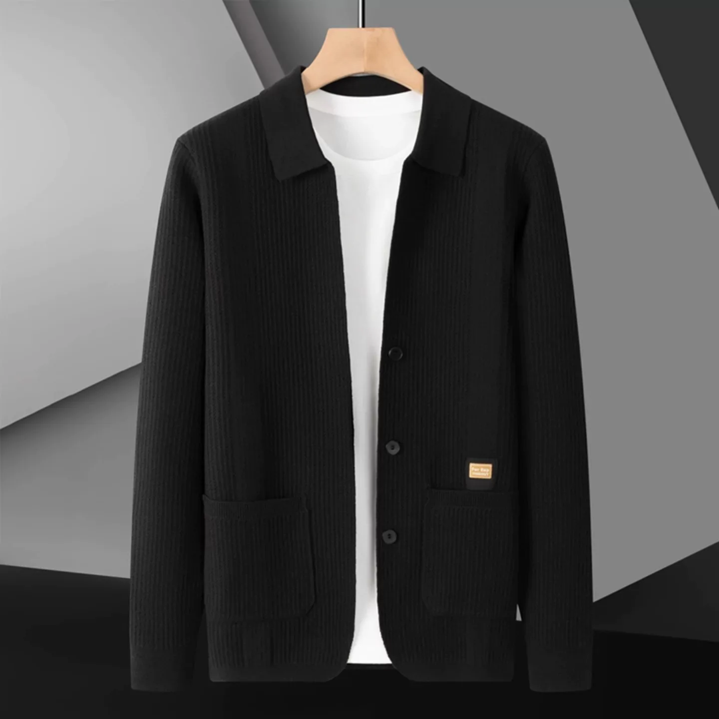 

Premium luxury knitted lapel cardigan brand letter embossed pocket jacket coat fashion solid color texture striped men's wear