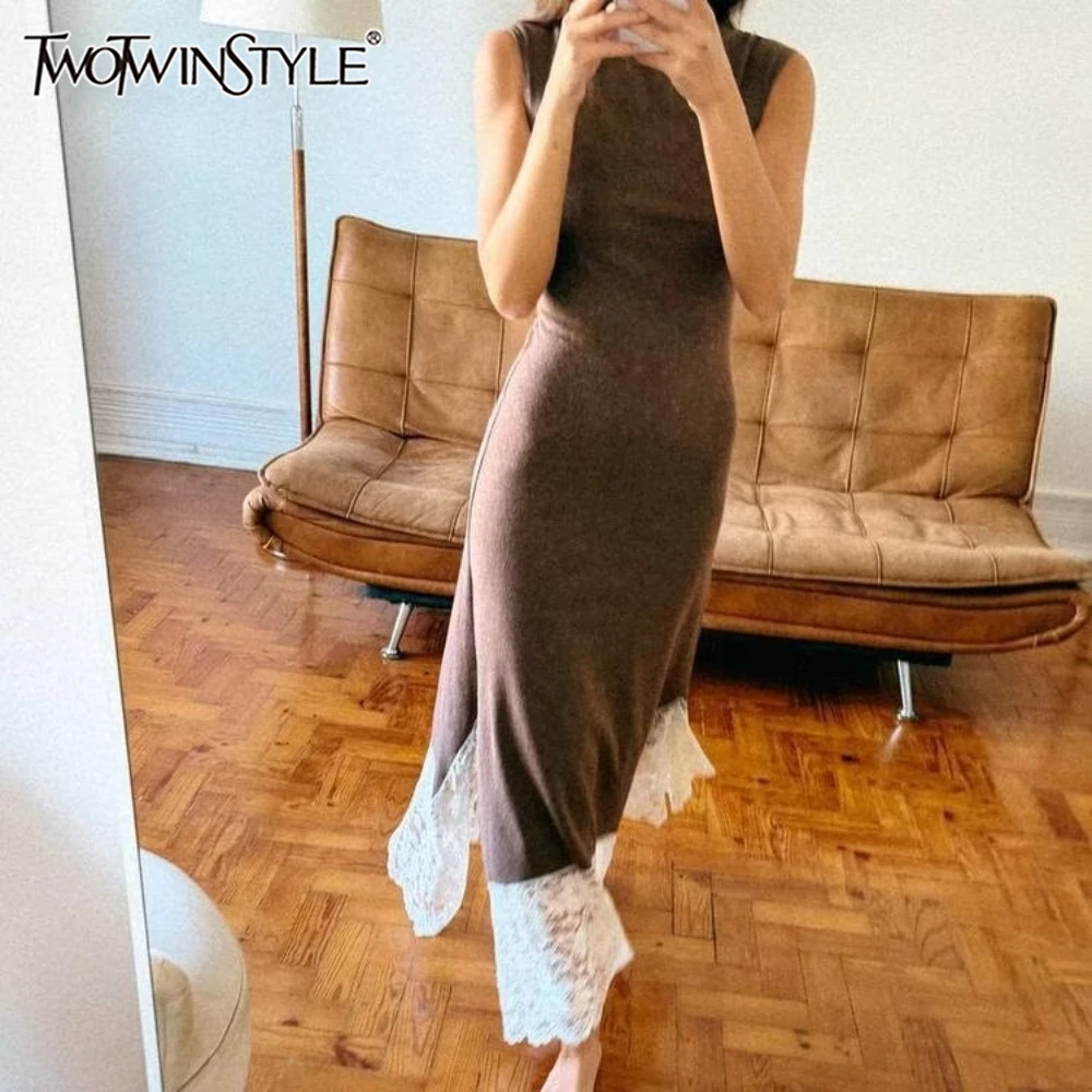 

TWOTWINSTYLE Minimalist Lace Hem Long Dresses for Women Half High Collar Sleeveless High Waist Slimming Temperament Dress Female