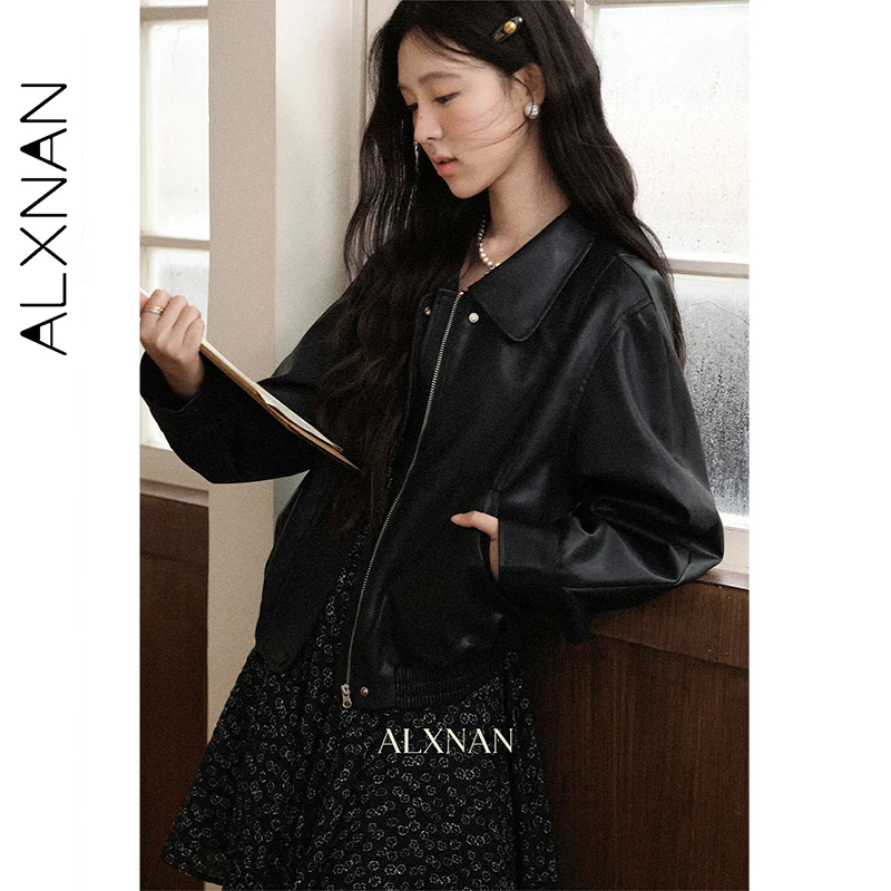 เสื้อแจ็คเก็ตหนังสีดำไซส์ใหญ่ ALXNAN แบบมีซิป ชายเสื้อยืดหยุ่น ผ้ากันน้ำ เหมาะสำหรับฤดูใบไม้ร่วง ดีไซน์อเนกประสงค์ ปกเสื้อแบบปกเชิ้ต เสื้อโค้ทผู้หญิง รุ่น D13017