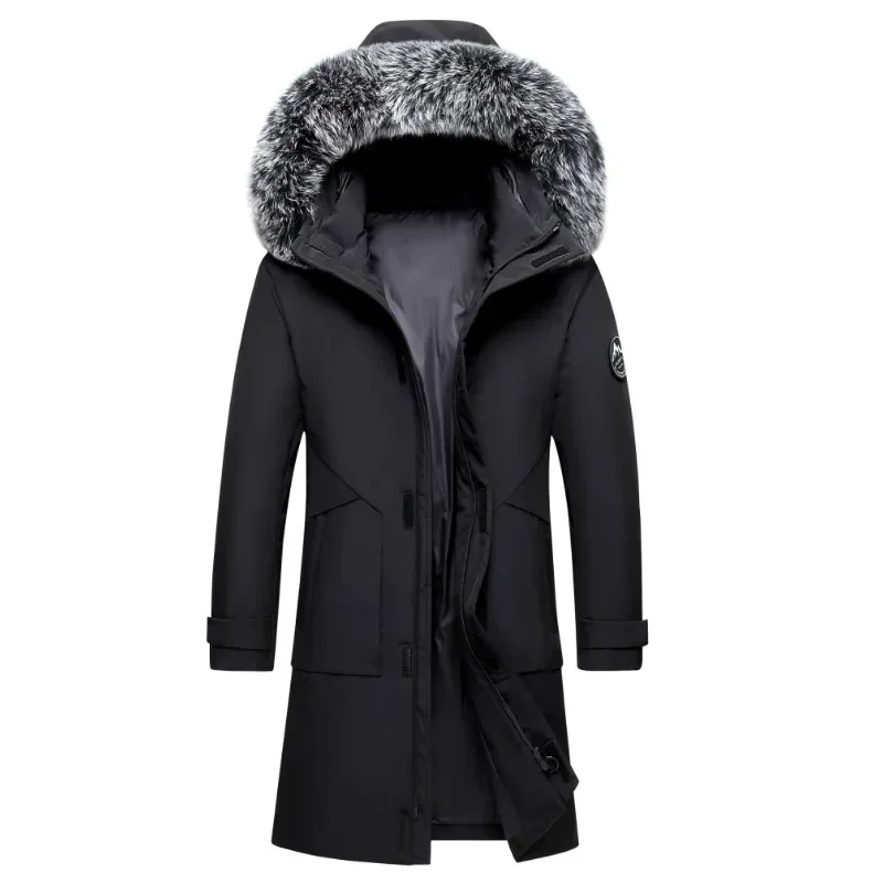 Mens Warm White Duck Down Hooded Jacket Parkas Multi Pockets Overcoat Male Winter Long Men Windproof Down Jacket Coats